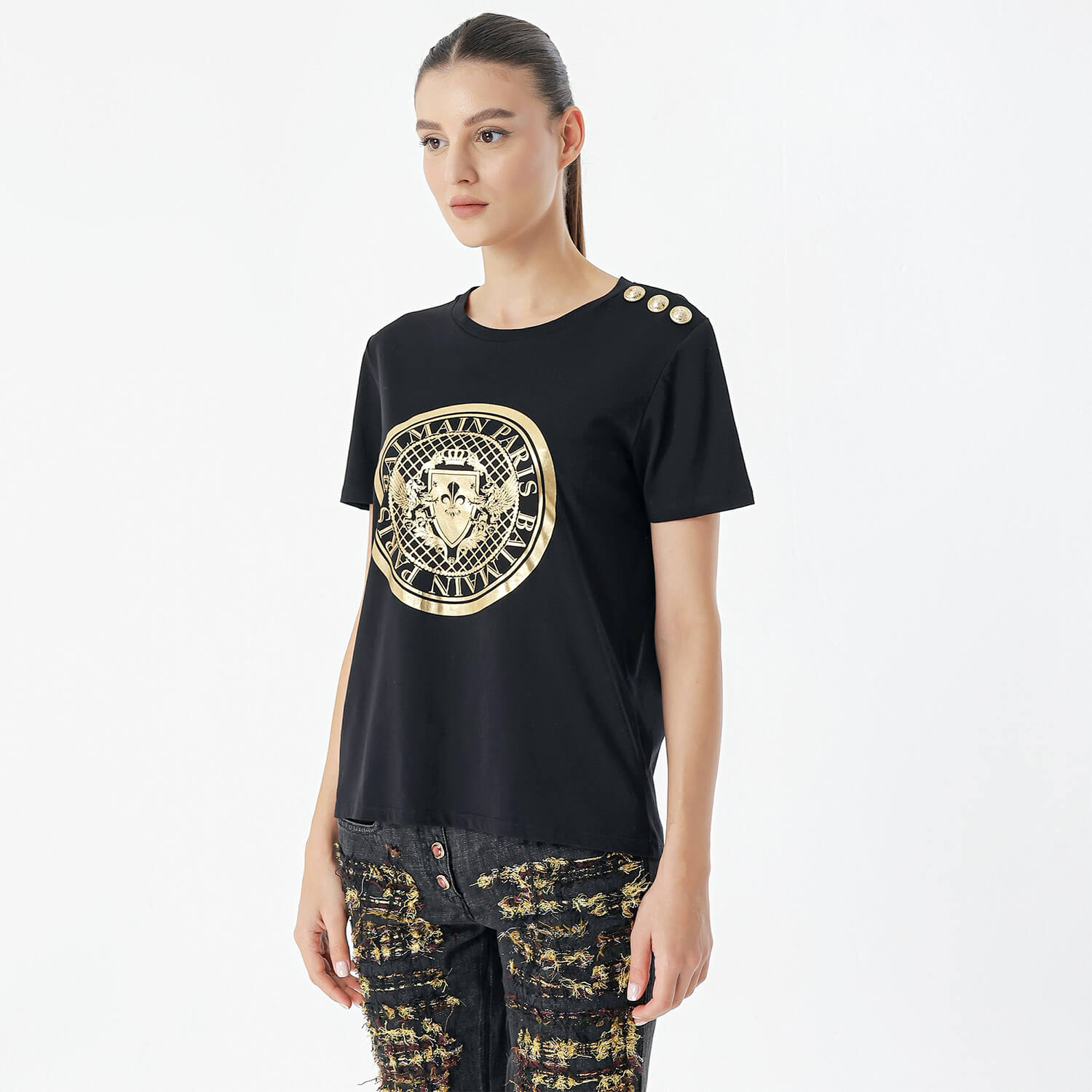 Balmain - Black Cotton Gold Coin Foiled Print With Shoulder Button T-shirt